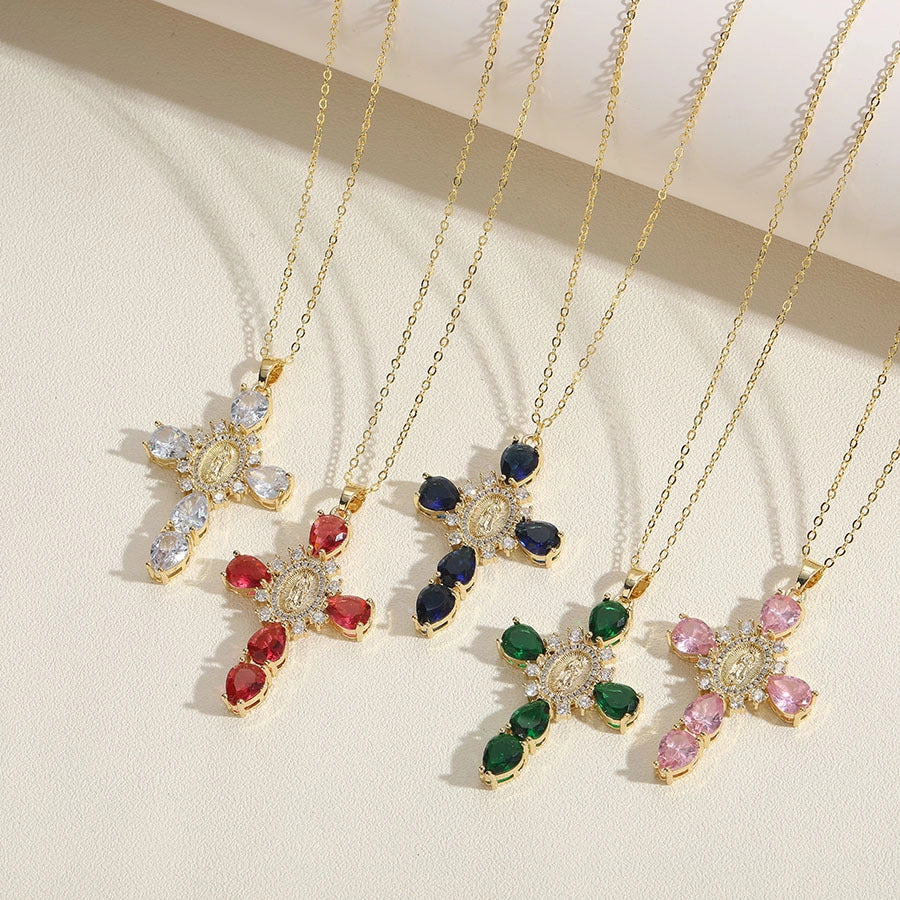 Wholesale Cross Madonna Portrait Zircon Pendant Necklace