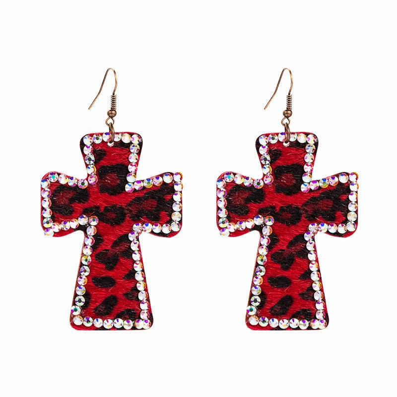Wholesale Cross Shape Double Sided Printed Leopard Earrings
