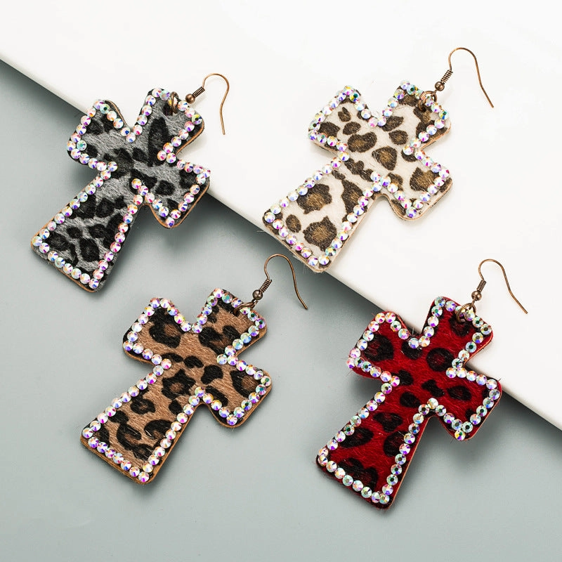 Wholesale Cross Shape Double Sided Printed Leopard Earrings