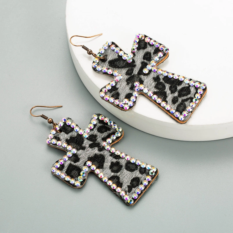 Wholesale Cross Shape Double Sided Printed Leopard Earrings