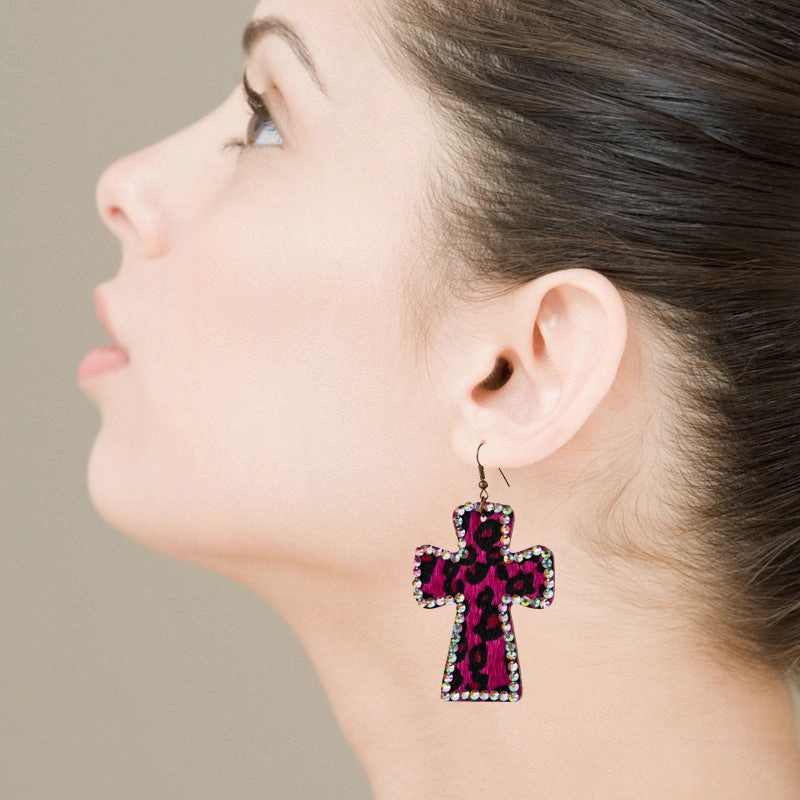 Wholesale Cross Shape Double Sided Printed Leopard Earrings
