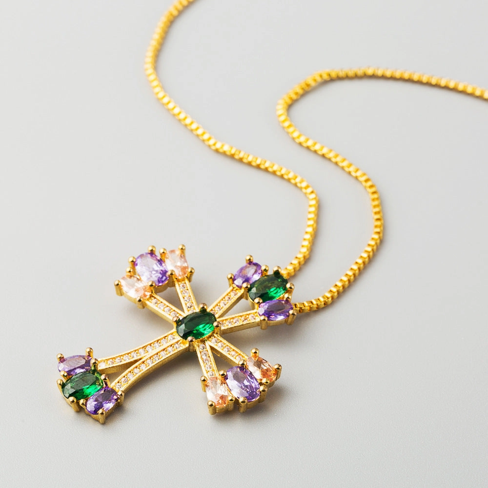 Wholesale Cross Shaped Copper Inlaid Colored Zircon Necklace