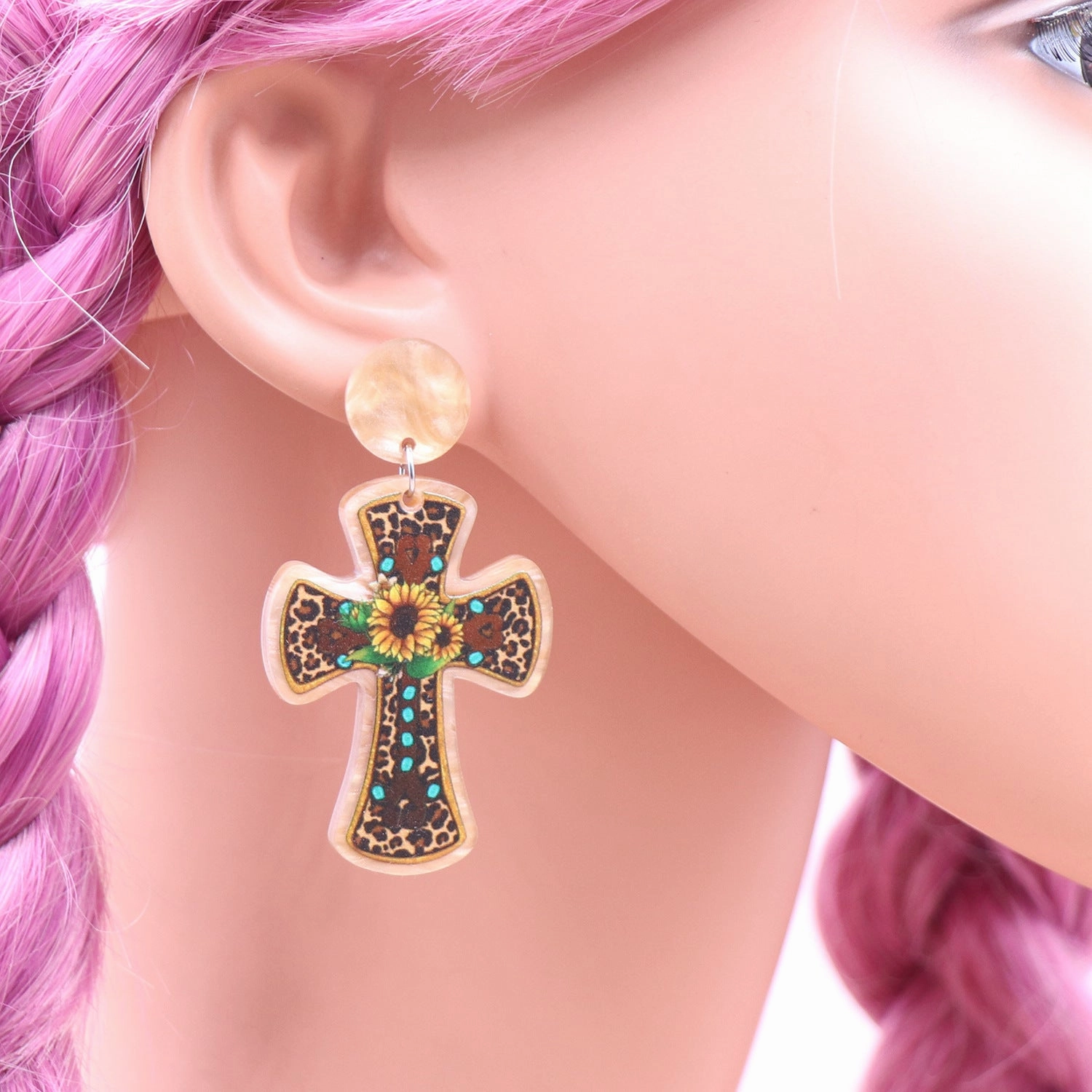 Wholesale Cross Sunflower Acrylic Heart Earrings