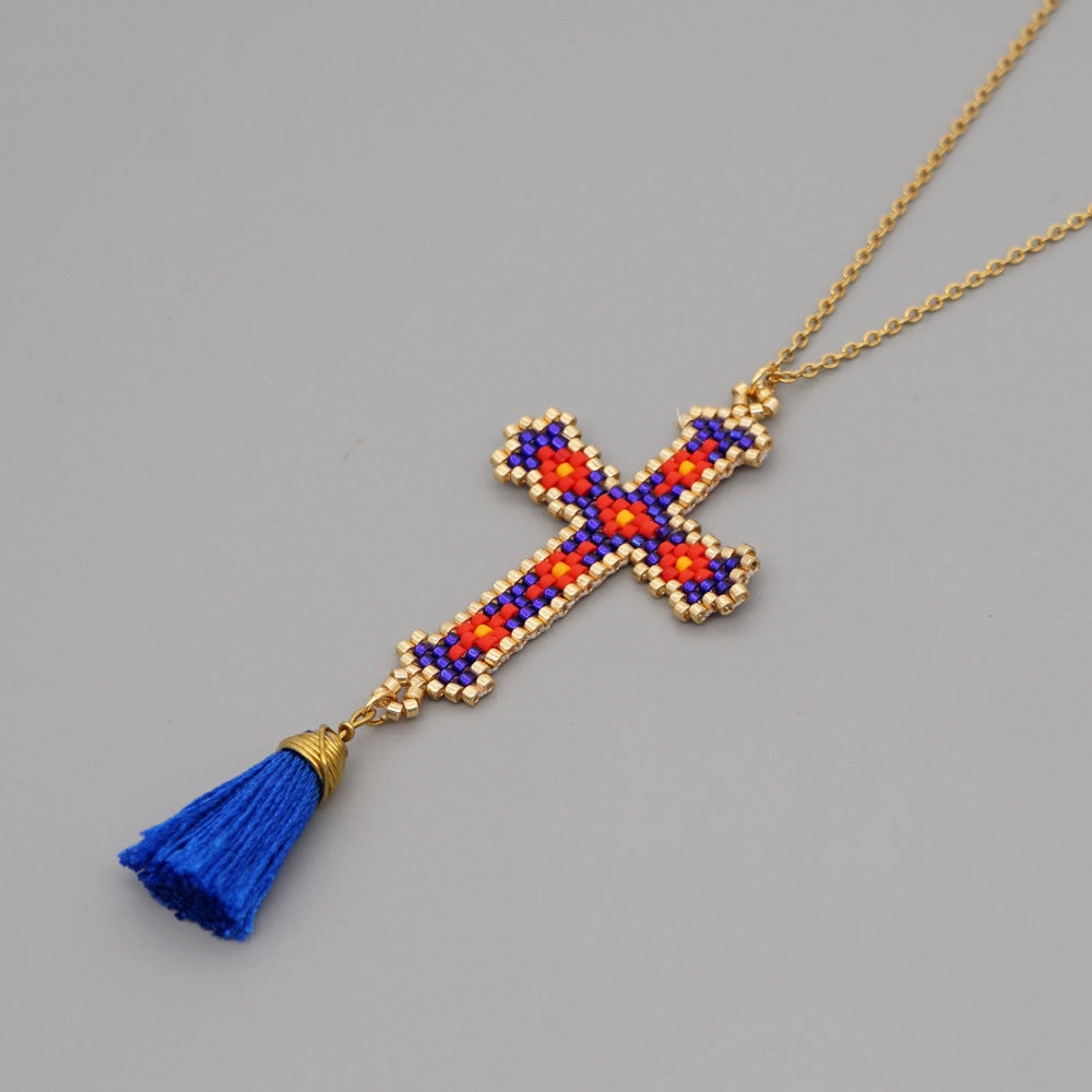 Wholesale Cross Tassel Handwoven Glass Necklace
