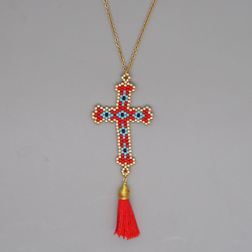 Wholesale Cross Tassel Handwoven Glass Necklace