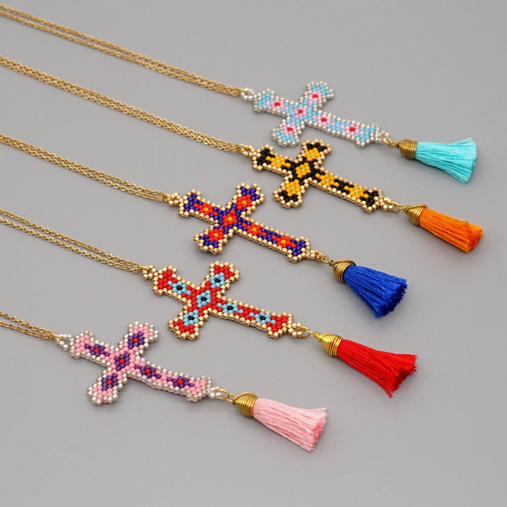 Wholesale Cross Tassel Handwoven Glass Necklace