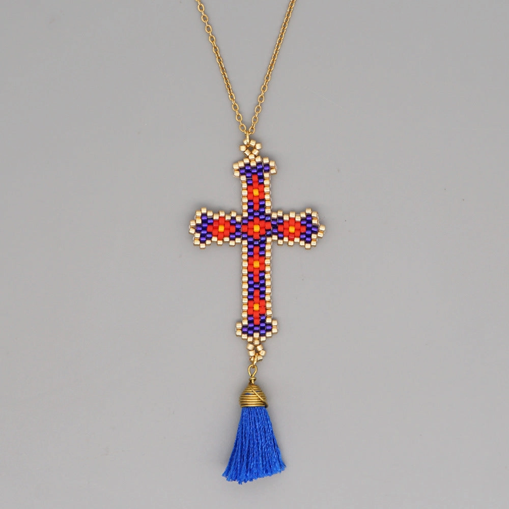 Wholesale Cross Tassel Handwoven Glass Necklace