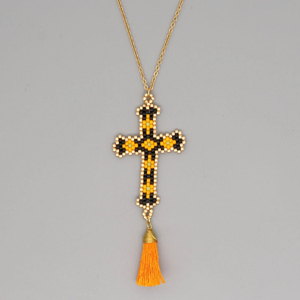Wholesale Cross Tassel Handwoven Glass Necklace