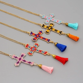 Wholesale Cross Tassel Handwoven Glass Necklace