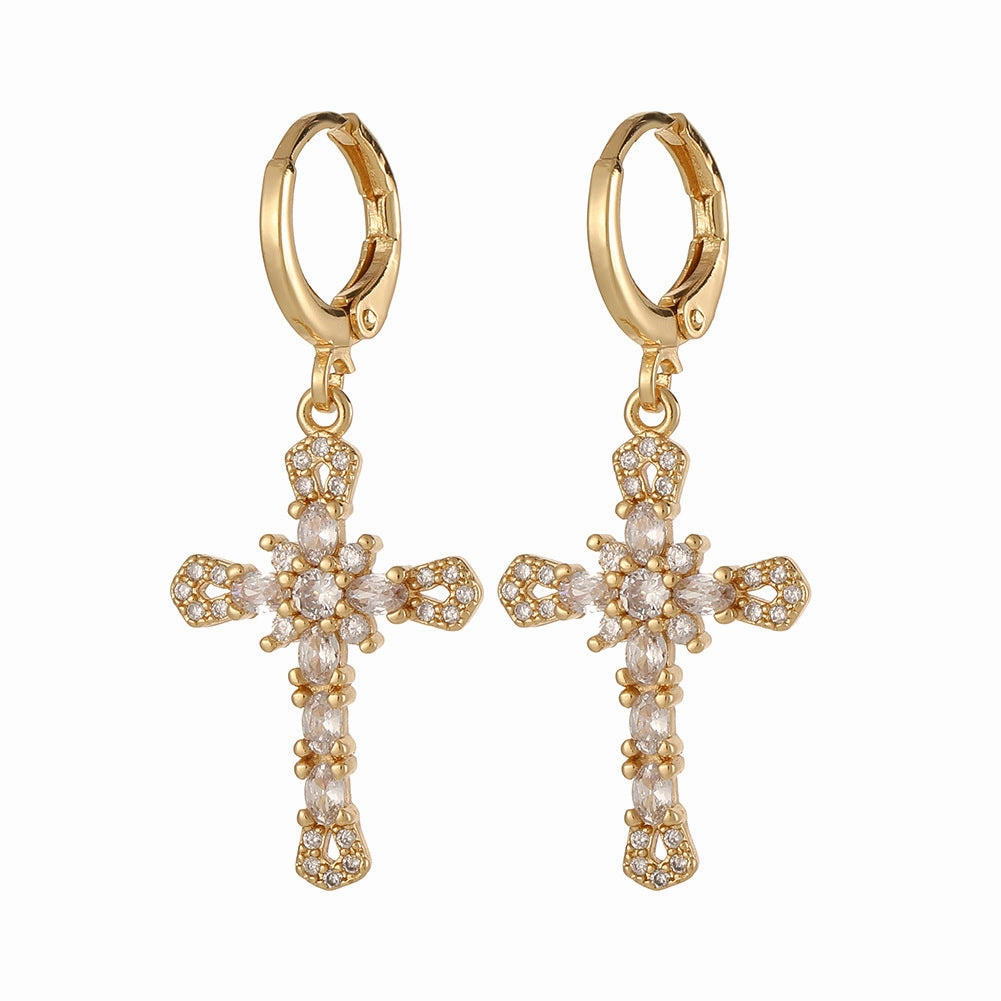 Wholesale Cross Vintage Geometric Copper Plated Real Gold Earrings