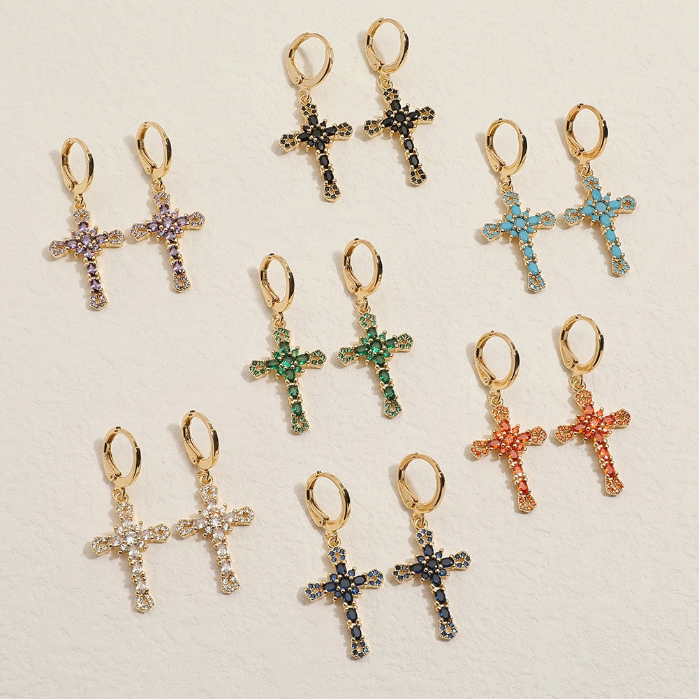 Wholesale Cross Vintage Geometric Copper Plated Real Gold Earrings