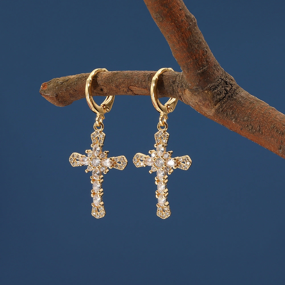 Wholesale Cross Vintage Geometric Copper Plated Real Gold Earrings