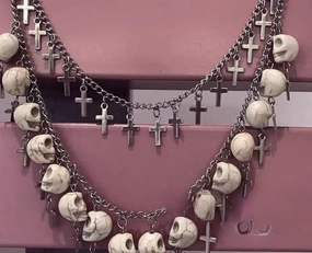 Wholesale Cross White Skull Chain Silver Double Layer Alloy Necklace