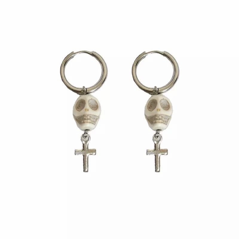 Wholesale Cross White Skull Chain Silver Double Layer Alloy Necklace