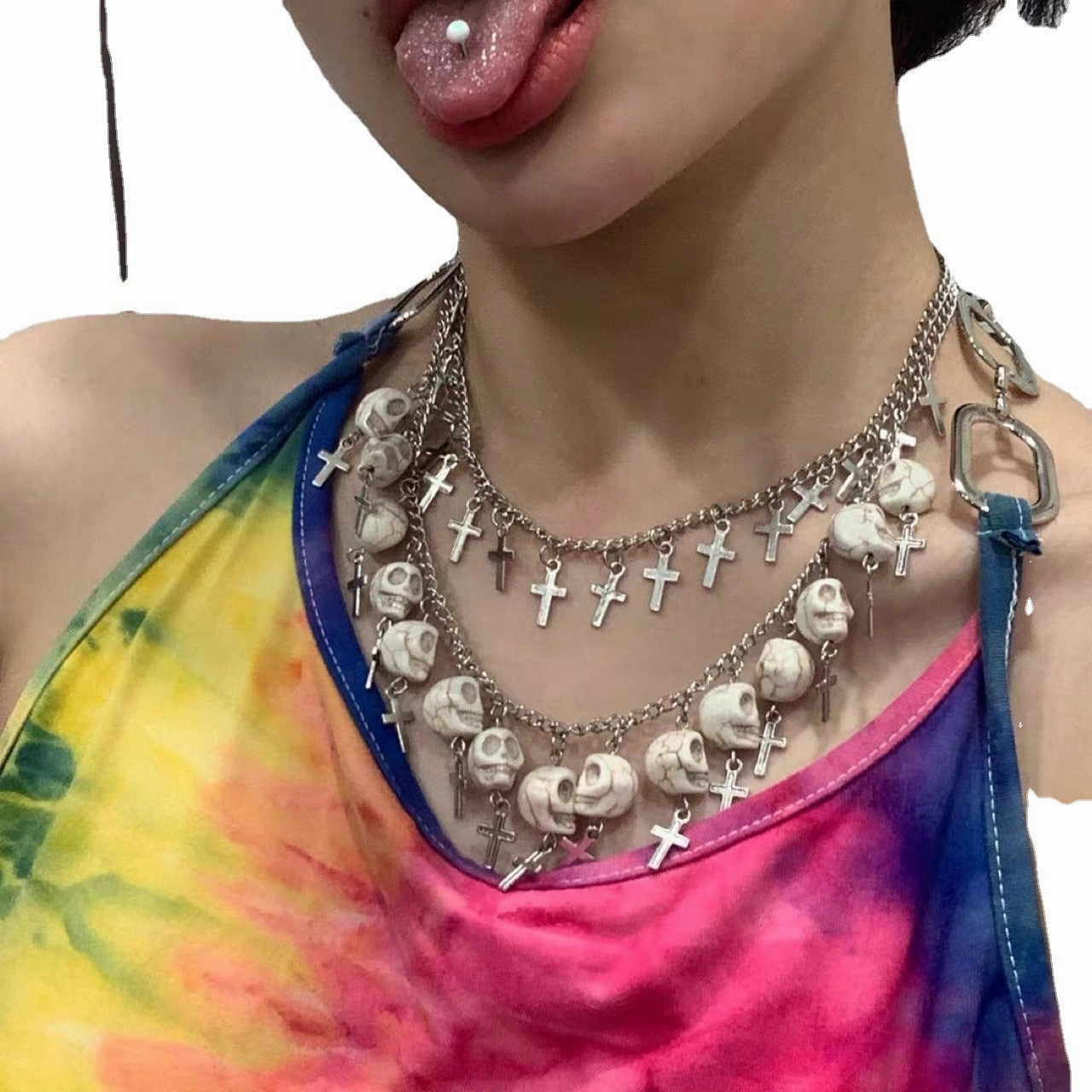 Wholesale Cross White Skull Chain Silver Double Layer Alloy Necklace
