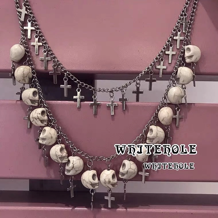 Wholesale Cross White Skull Chain Silver Double Layer Alloy Necklace