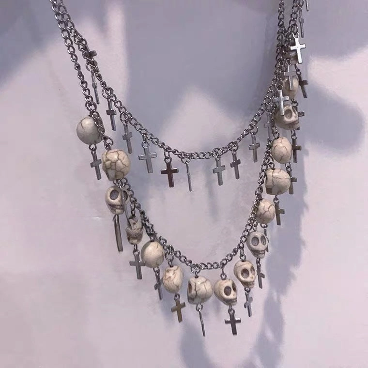 Wholesale Cross White Skull Chain Silver Double Layer Alloy Necklace
