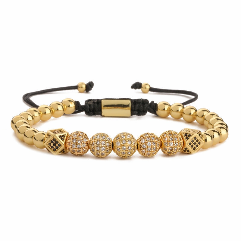 Wholesale Crown 8mm Micropaved Zirconia Gold Diamond Ball Copper Bead Braided Bracelet