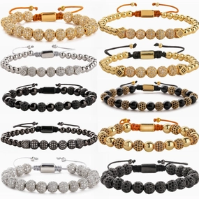 Wholesale Crown 8mm Micropaved Zirconia Gold Diamond Ball Copper Bead Braided Bracelet