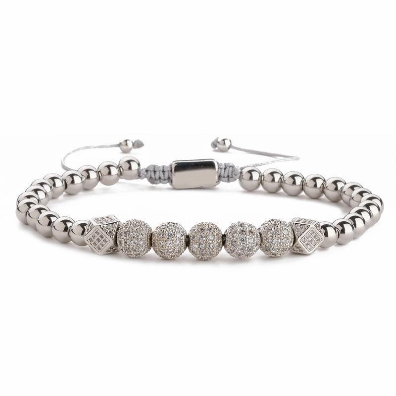 Wholesale Crown 8mm Micropaved Zirconia Gold Diamond Ball Copper Bead Braided Bracelet