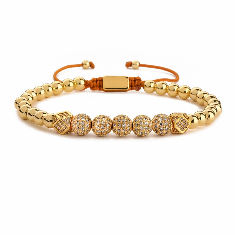 Wholesale Crown 8mm Micropaved Zirconia Gold Diamond Ball Copper Bead Braided Bracelet