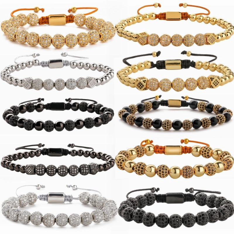 Wholesale Crown 8mm Micropaved Zirconia Gold Diamond Ball Copper Bead Braided Bracelet