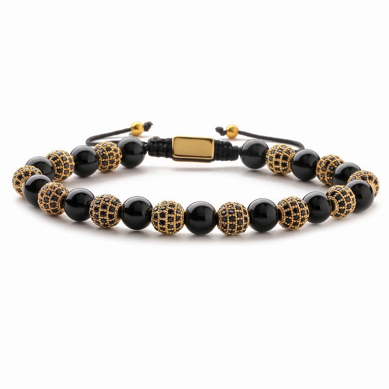 Wholesale Crown 8mm Micropaved Zirconia Gold Diamond Ball Copper Bead Braided Bracelet