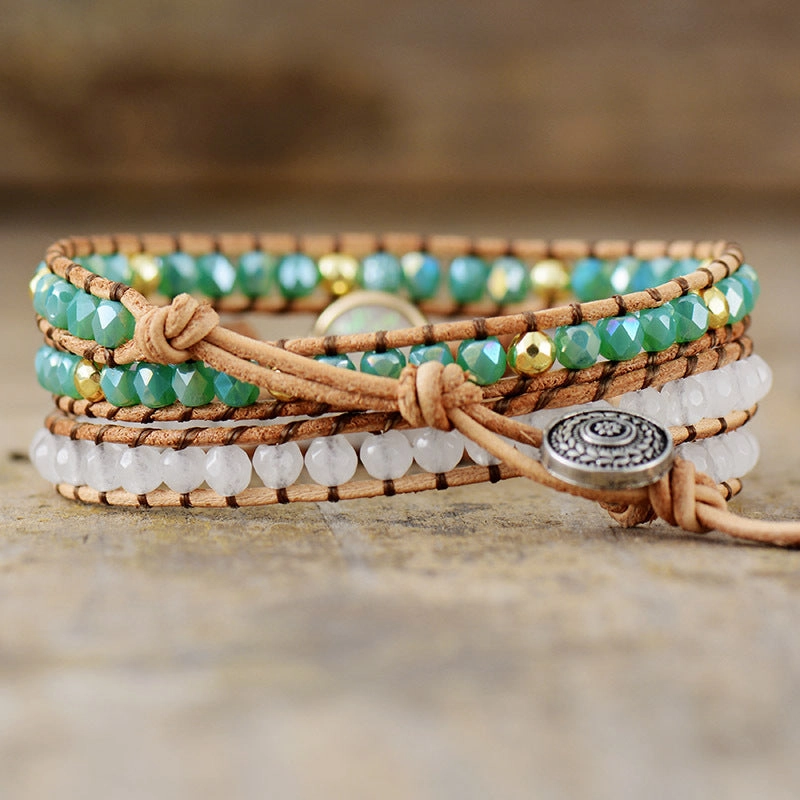 Wholesale Crystal 3 Layer Winding Braided Cowhide Rope Bracelet