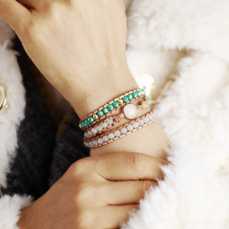 Wholesale Crystal 3 Layer Winding Braided Cowhide Rope Bracelet