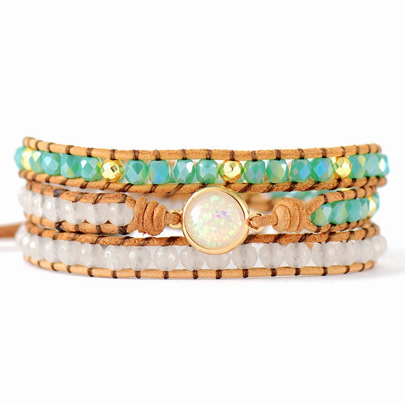 Wholesale Crystal 3 Layer Winding Braided Cowhide Rope Bracelet