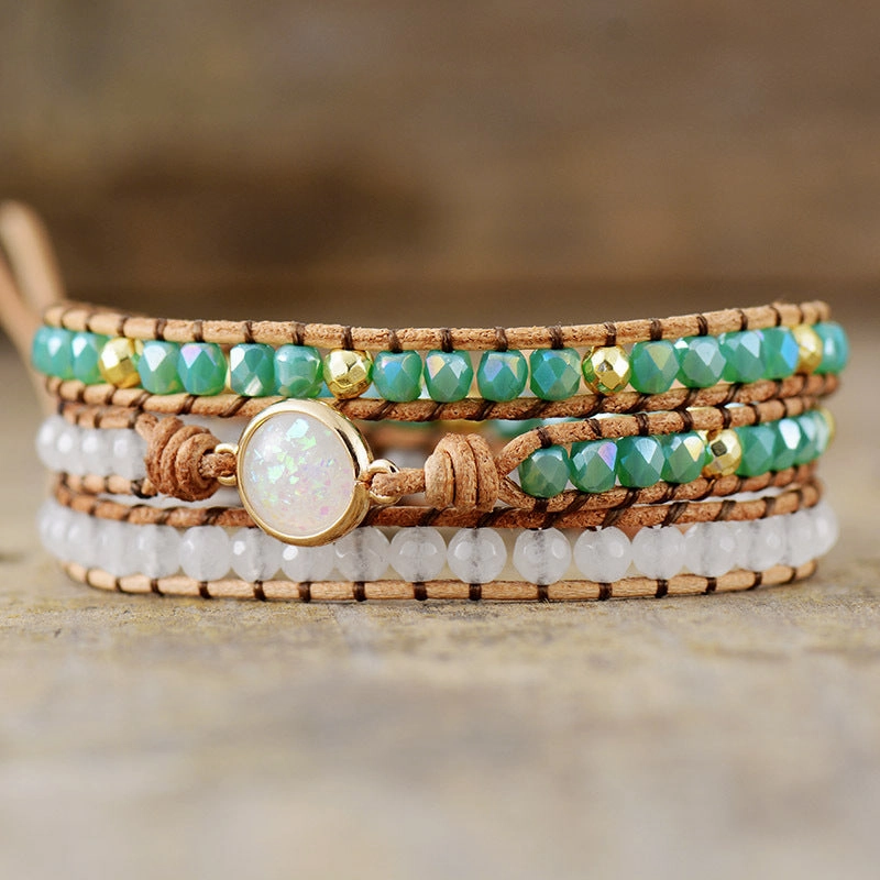 Wholesale Crystal 3 Layer Winding Braided Cowhide Rope Bracelet