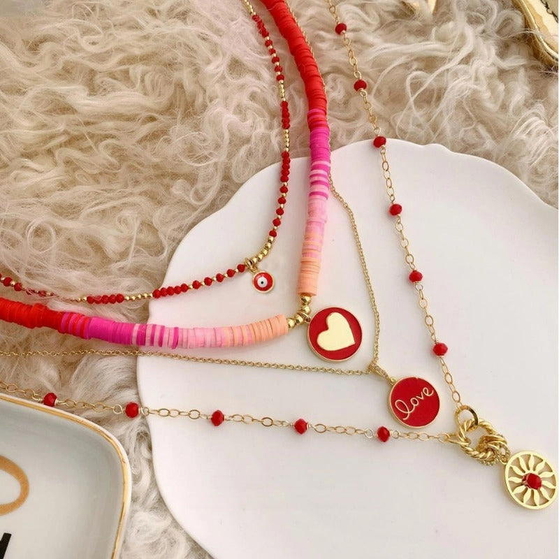 Wholesale crystal beaded boho style polymer clay love creative necklace set