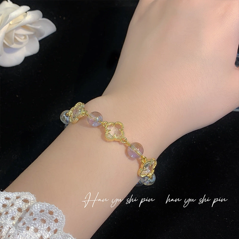 Wholesale Crystal Four Leaf Clover Moonstone Beaded Drawstring Bracelet