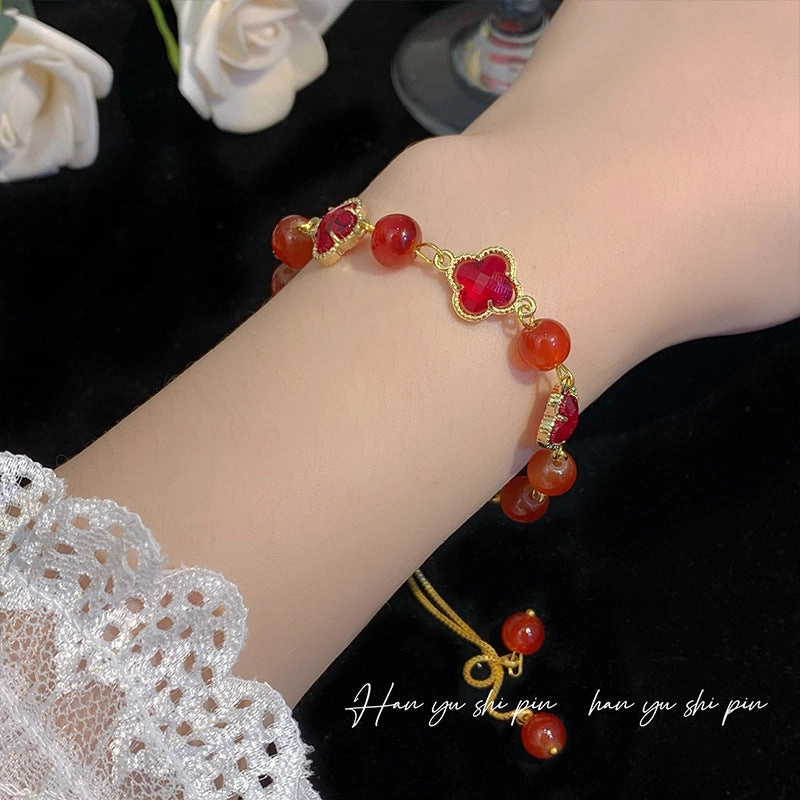 Wholesale Crystal Four Leaf Clover Moonstone Beaded Drawstring Bracelet