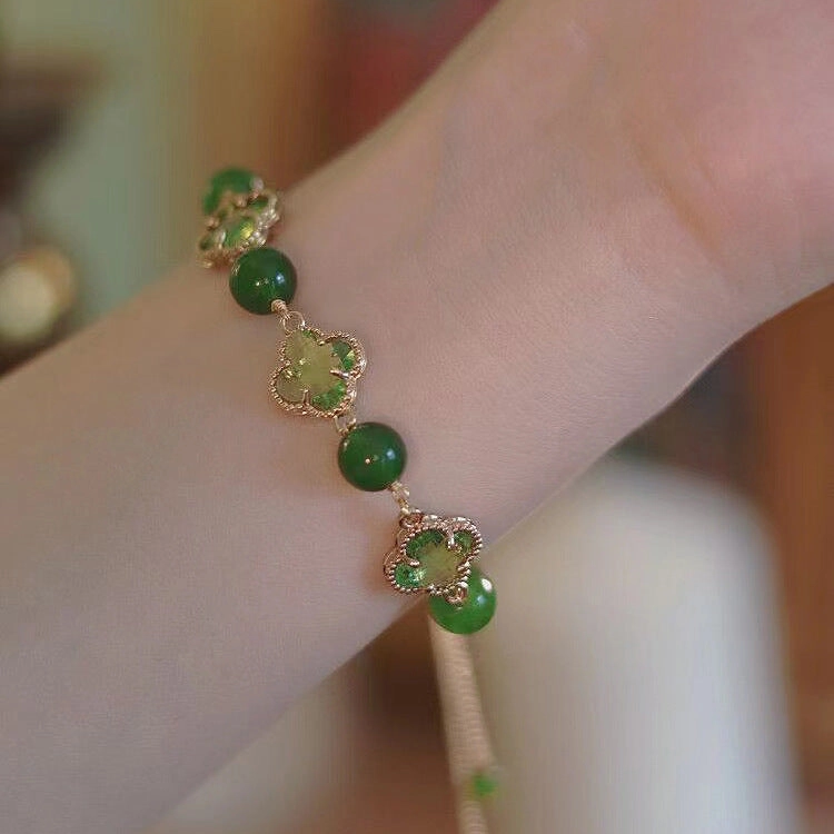 Wholesale Crystal Four Leaf Clover Moonstone Beaded Drawstring Bracelet