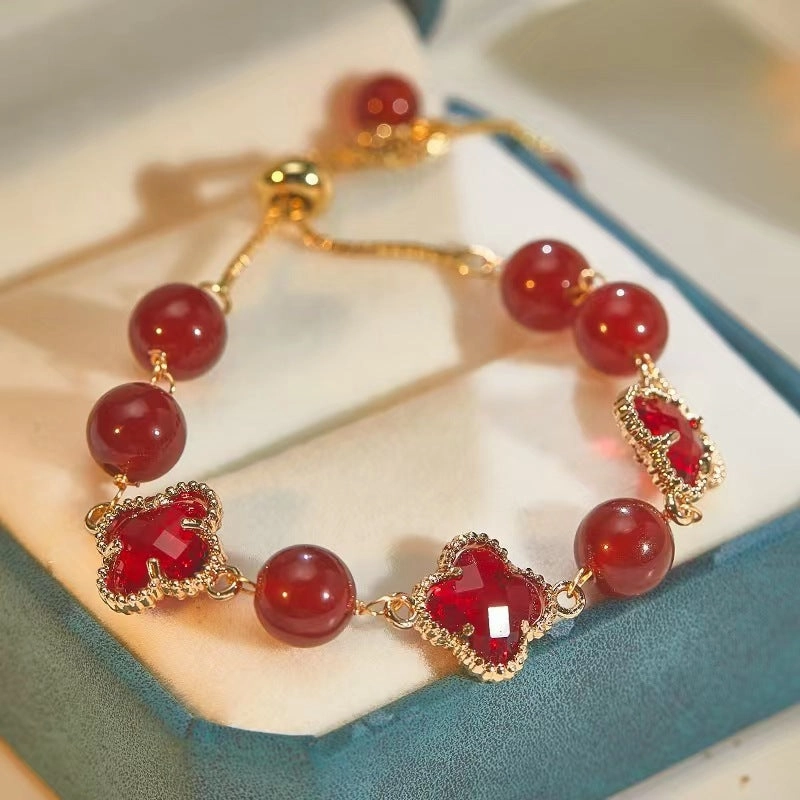 Wholesale Crystal Four Leaf Clover Moonstone Beaded Drawstring Bracelet