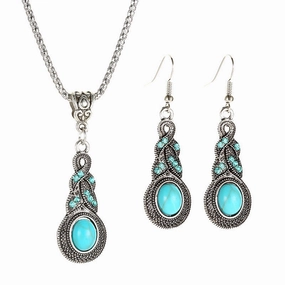 Wholesale Crystal Inlaid Turquoise Earrings and Pendants Alloy Necklace Set
