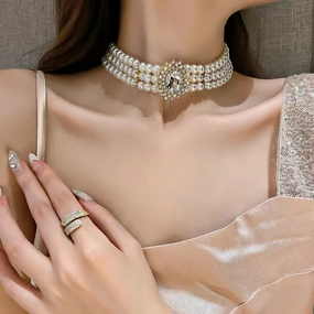 Wholesale Crystal Studded Diamond Multiple Row Choker Pearl Necklaces