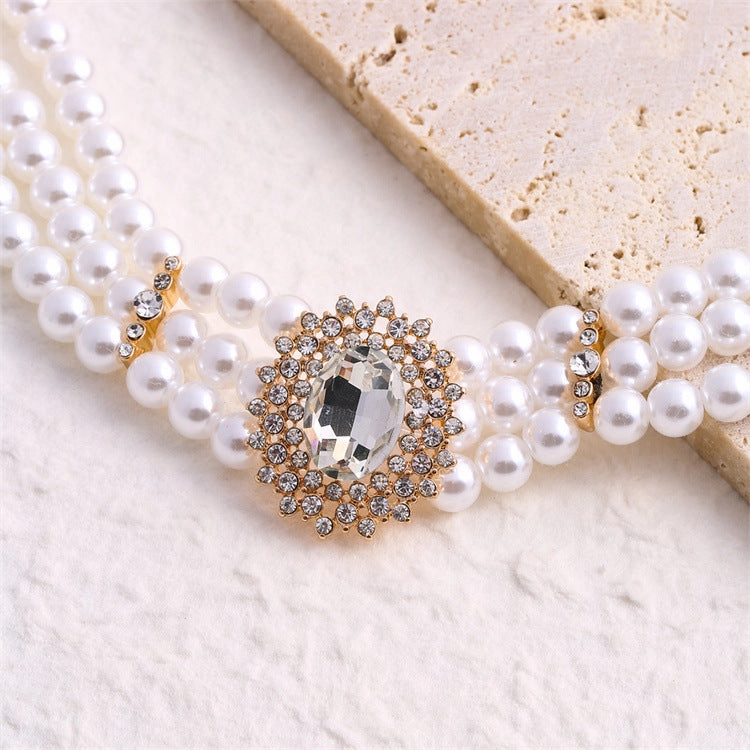 Wholesale Crystal Studded Diamond Multiple Row Choker Pearl Necklaces