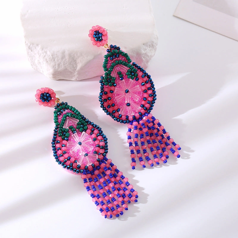 Wholesale Crystal Tassel Braided Long Rice Bead Earrings