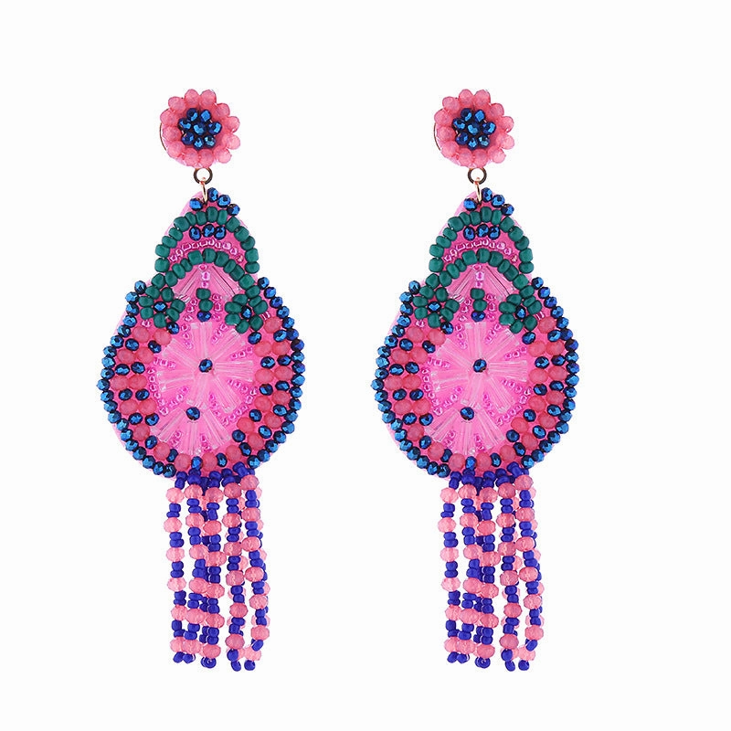 Wholesale Crystal Tassel Braided Long Rice Bead Earrings