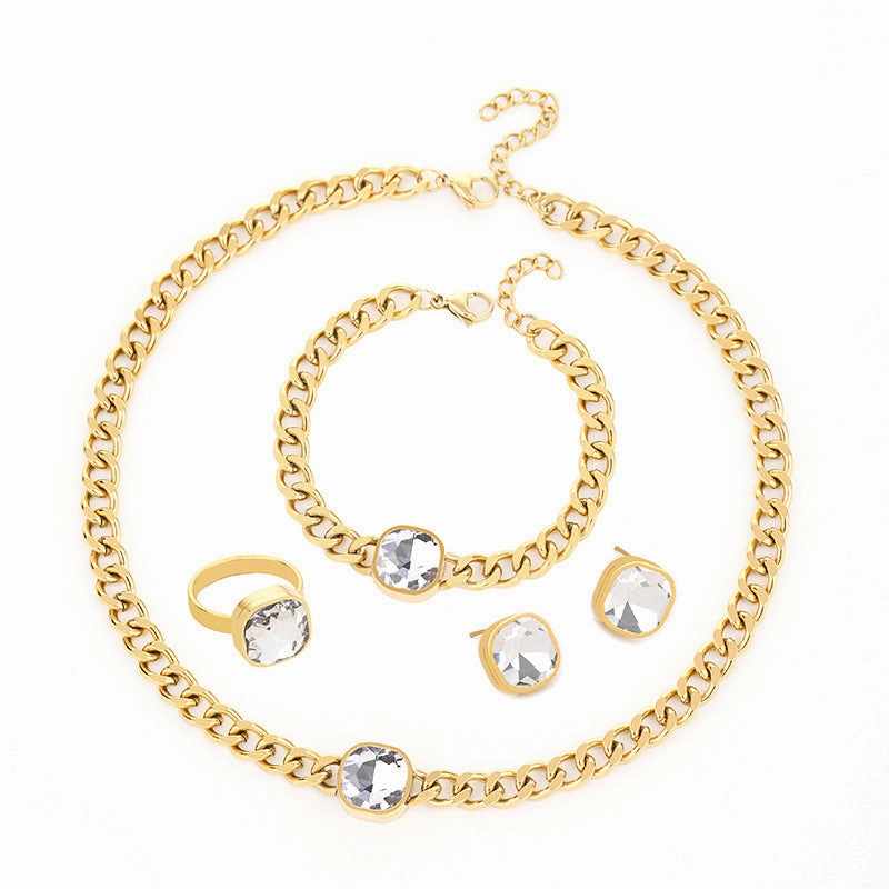 Wholesale Cuban Chain Necklace Bracelet Ring Earrings Real Gold Electroplated Titanium Steel Non-fading Set