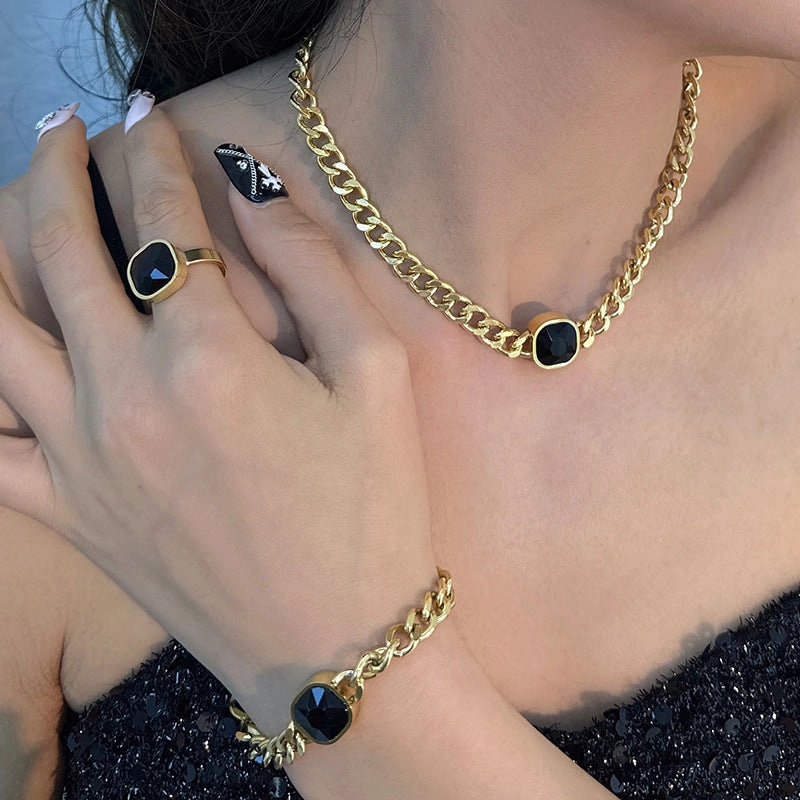 Wholesale Cuban Chain Necklace Bracelet Ring Earrings Real Gold Electroplated Titanium Steel Non-fading Set