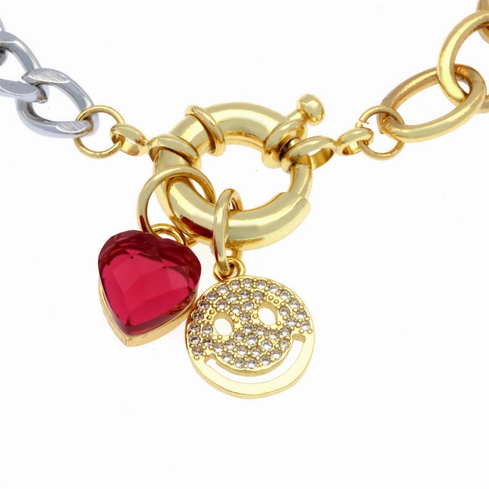 Wholesale Cuban Chain Spring Buckle Micro Paved Smile Face Zircon Heart Pendant Copper Bracelet