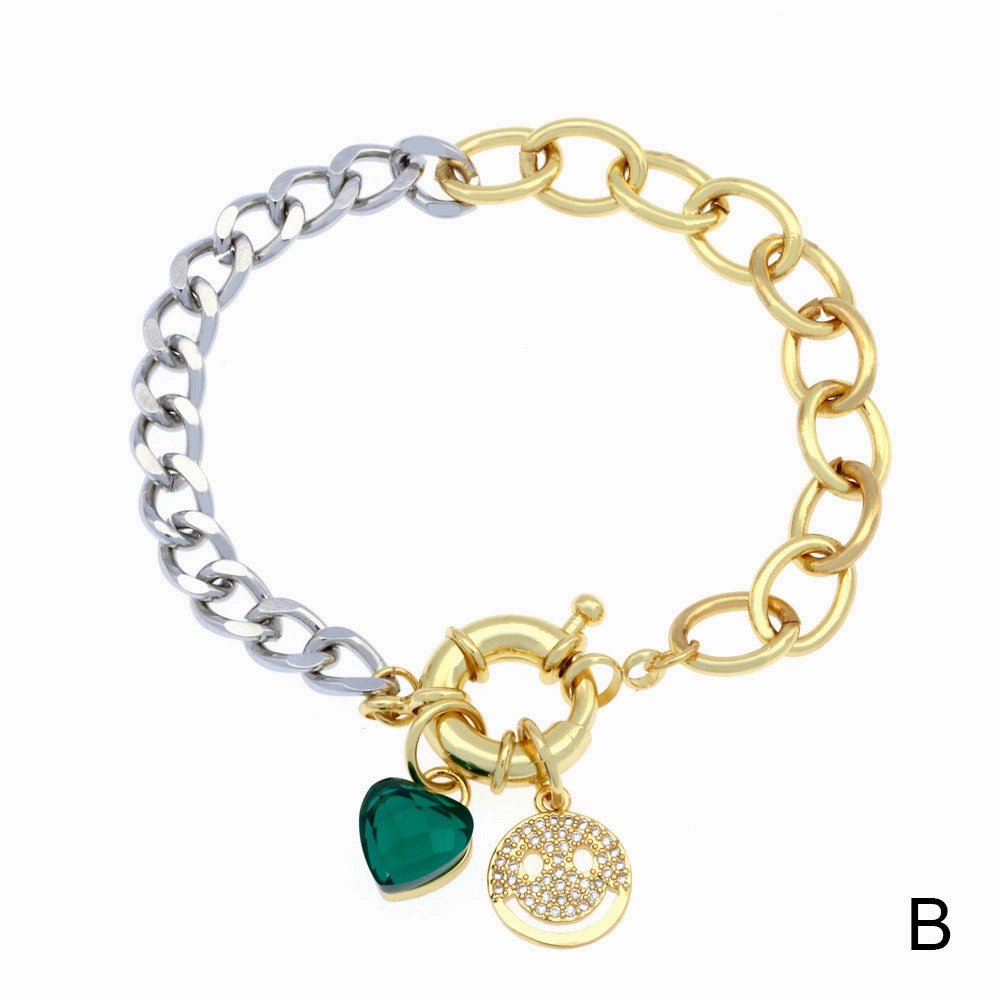 Wholesale Cuban Chain Spring Buckle Micro Paved Smile Face Zircon Heart Pendant Copper Bracelet