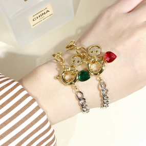 Wholesale Cuban Chain Spring Buckle Micro Paved Smile Face Zircon Heart Pendant Copper Bracelet