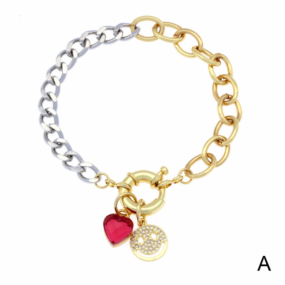 Wholesale Cuban Chain Spring Buckle Micro Paved Smile Face Zircon Heart Pendant Copper Bracelet