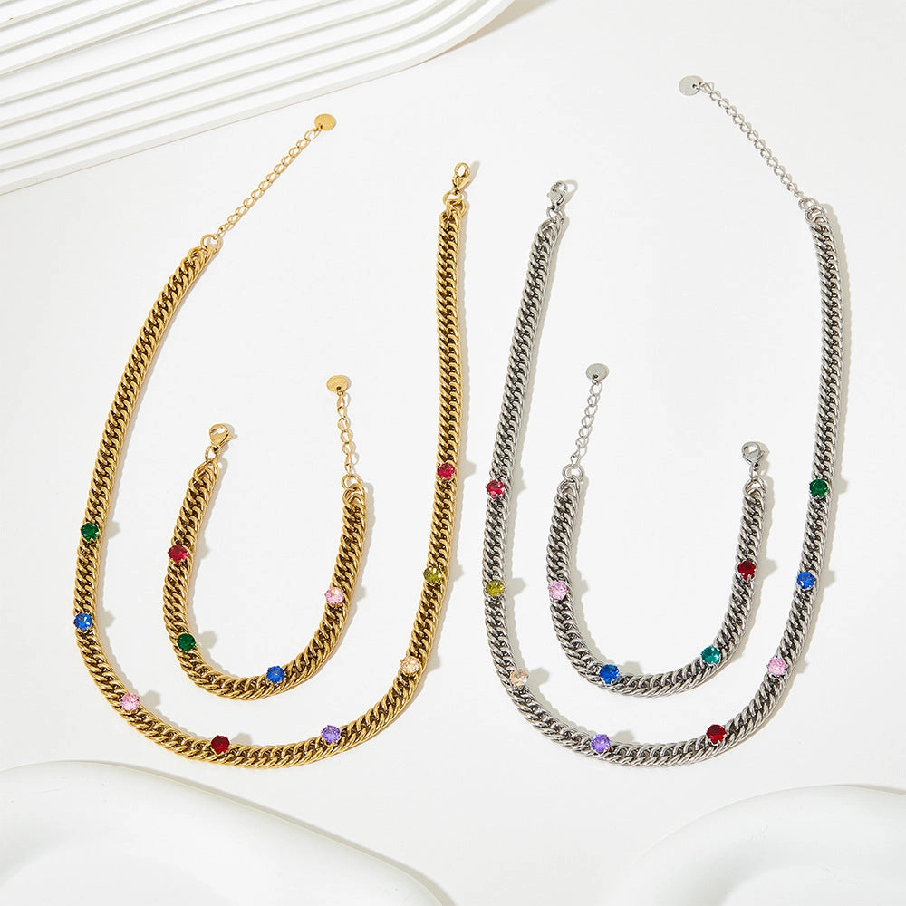 Wholesale Cuban Inlaid Colored Zircon Stainless Steel Gold Plated Necklace
