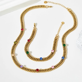 Wholesale Cuban Inlaid Colored Zircon Stainless Steel Gold Plated Necklace