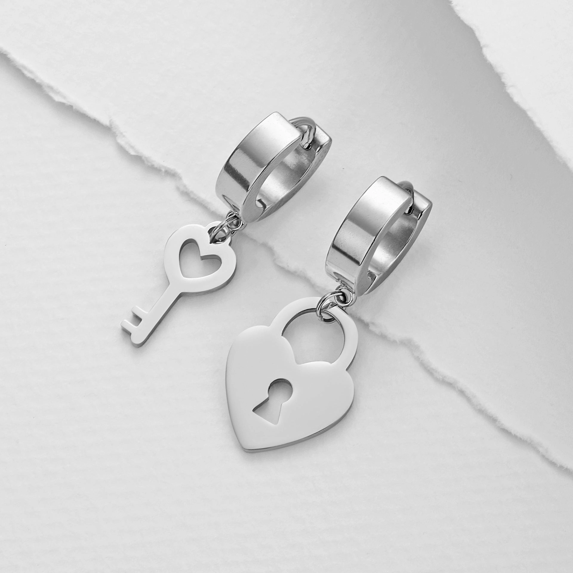 Wholesale Cut Heart Lock Combination Asymmetric Pendant Stainless Steel Earrings